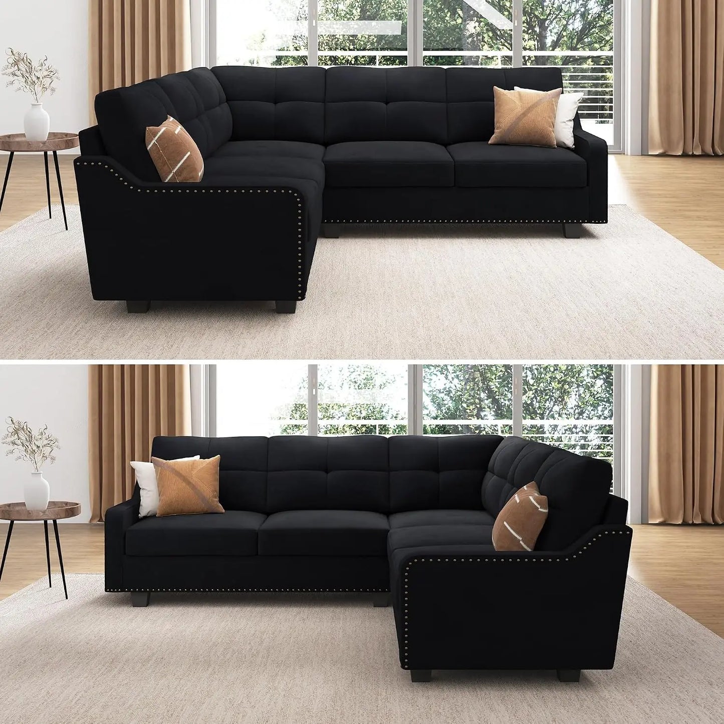 Convertible Sectional Sofa L Shaped Couch,Velvet Black, Custom