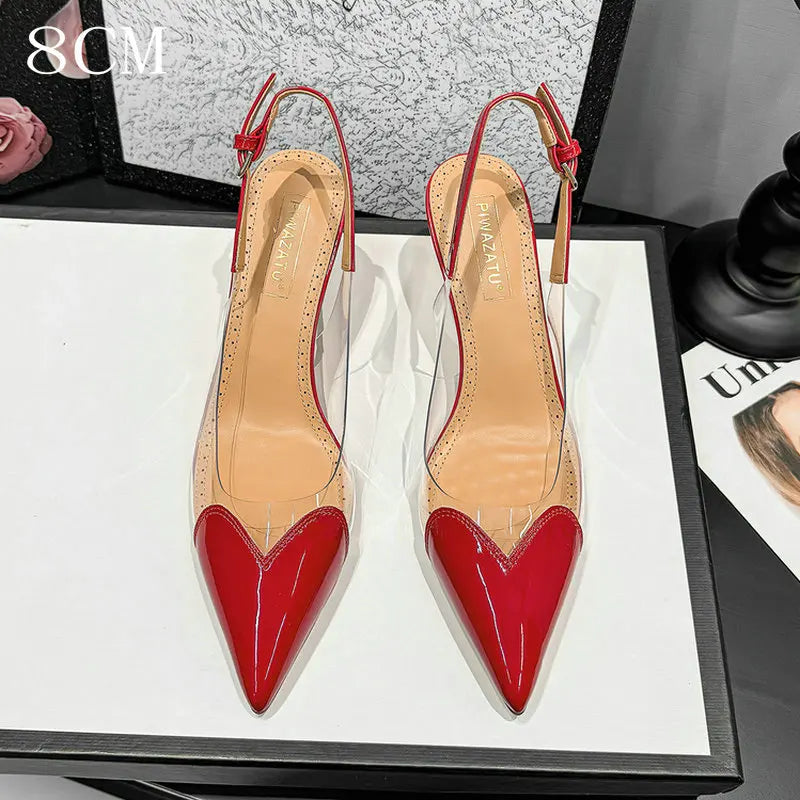 2026 Summer New Fairy-style Heart-shaped Pointed Toe Thin Heel Sandals for Women Transparent Patchwork Headpiece Back High Heels