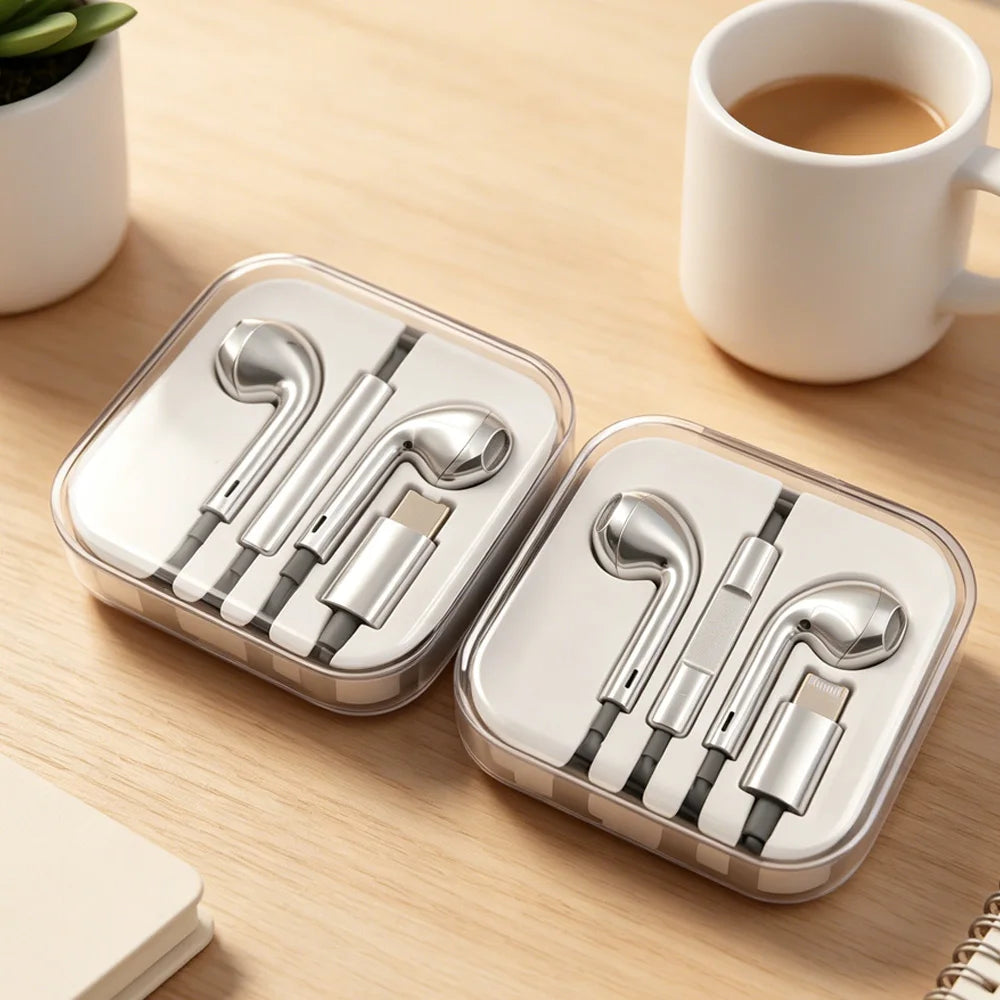 Fashion Silver Wired Type-C or Lightning In-Ear Earphones Compatible with Tablets Laptops - Headphones for General Use