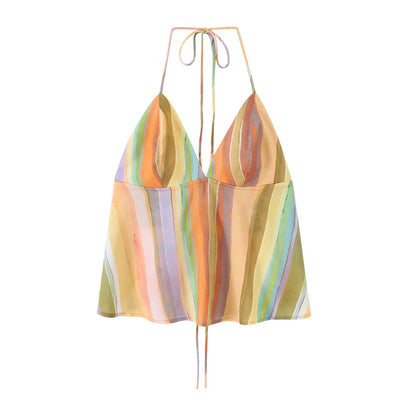 HH Fashion 2026 Women's Colorful Striped Two-Piece Set Summer Halter Neck Crop Top+Wide Leg Pants Resort Beach Outfit