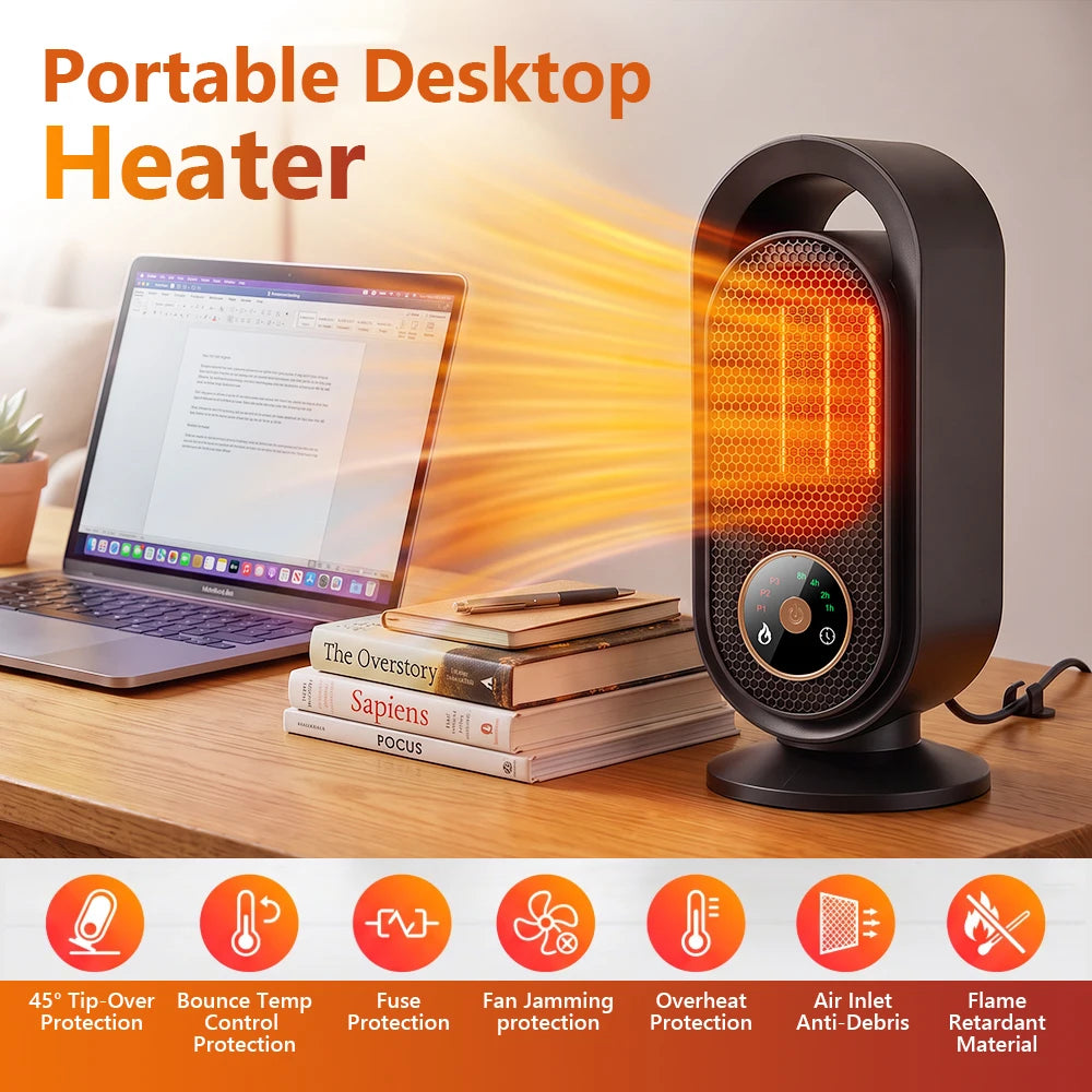 1000W Winter Portable Desktop Heater 4 Timer Settings Warm Air Blower PTC Fast Heating Household Heater for Home Office Indoor
