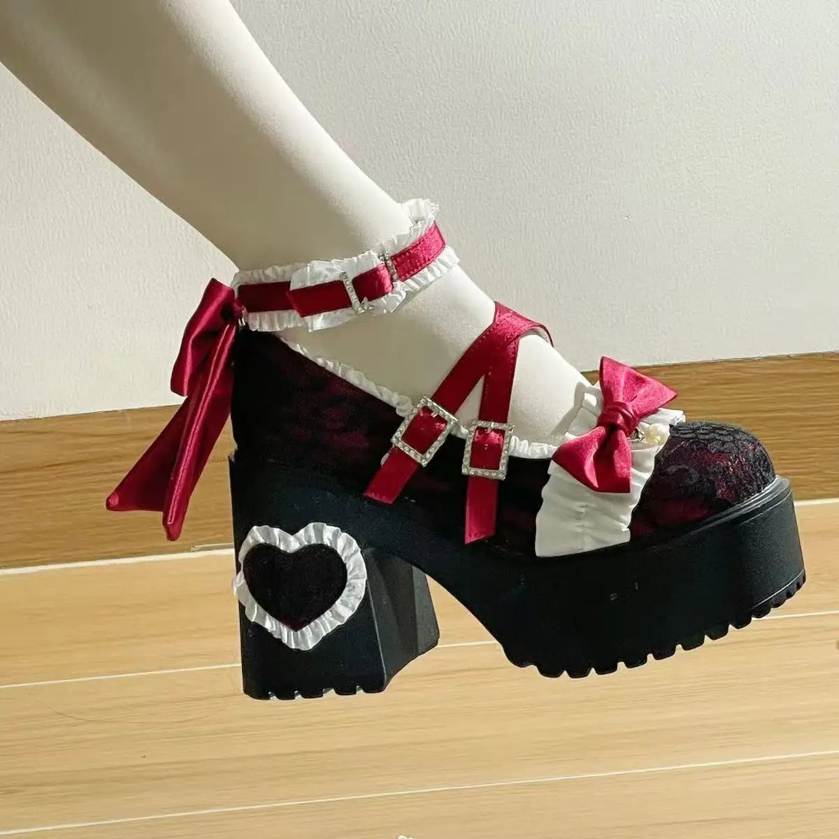 Lovely Girls Pink Lolita Butterfly Knot High Heels Platform Shoes for Women Cute Sakura Dress Mary Janes Beige Size 34-42