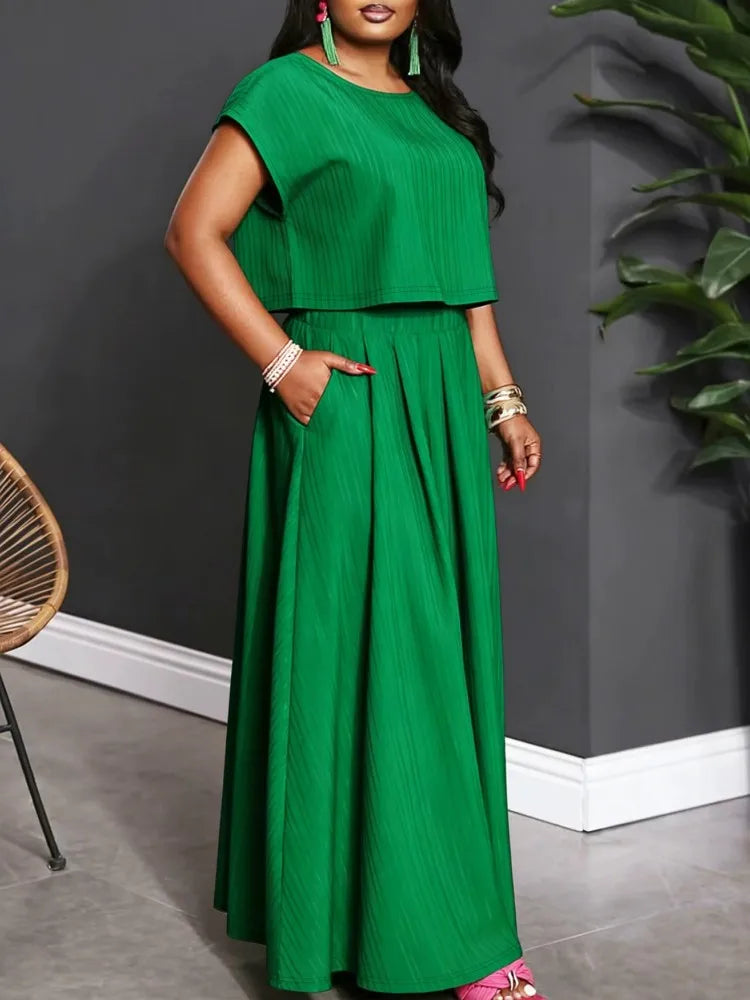 L-4XL Plus Size Women's Clothing 2 Piece Sets New Arrival Matching Two Pieces Sets Green Top And Skirt Suits Outfits Clothing