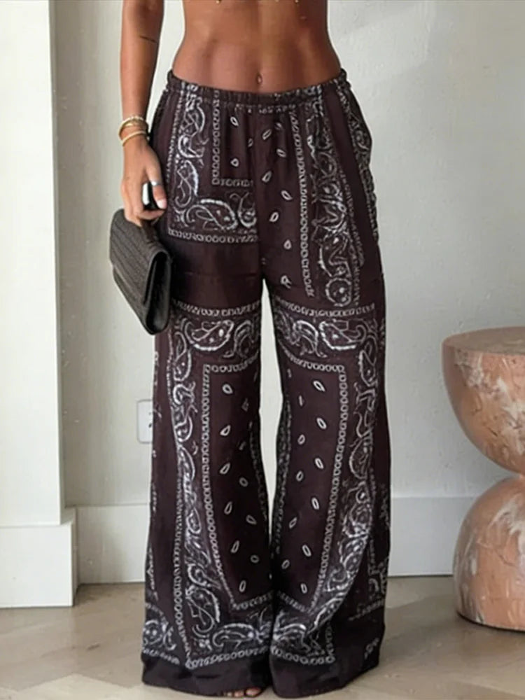 Fashion Paisley Floral Printed Oversized Shirts Square Scarf Skirt Wide Leg Long Pants Sets 2026 Summer Vacation Beach Outfits