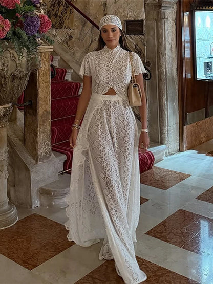 Solid Lace Two Piece Set Round Neck Short Sleeve Cutout Crop Top High Waist Wide Leg Pants 2026 Summer Elegant Party Outfits