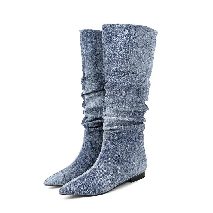 Silver Flat Bottomed Fashion Pleated Boots Big Size 36-47 Stone Grain Knee High Boots Pointed Denim Low Heels Sexy Women Shoes