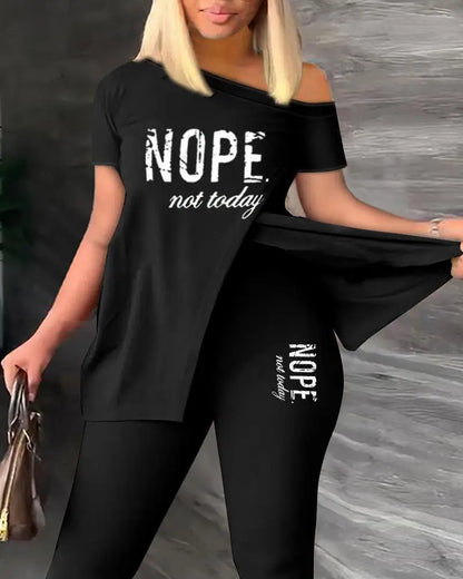 Womens Two Peice Sets Summer Fashion Print Short Sleeve Suit Set Femme Casual Sporty 2Pce One-Shoulder Split Hem Tops &Pants Set