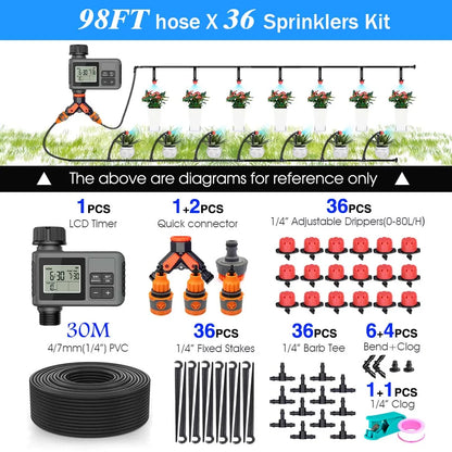 30-5m Garden LCD Button Timer Irrigation Set 0-80L/H Rotating Adjustable Nozzle Intelligent Display Automatic Watering System