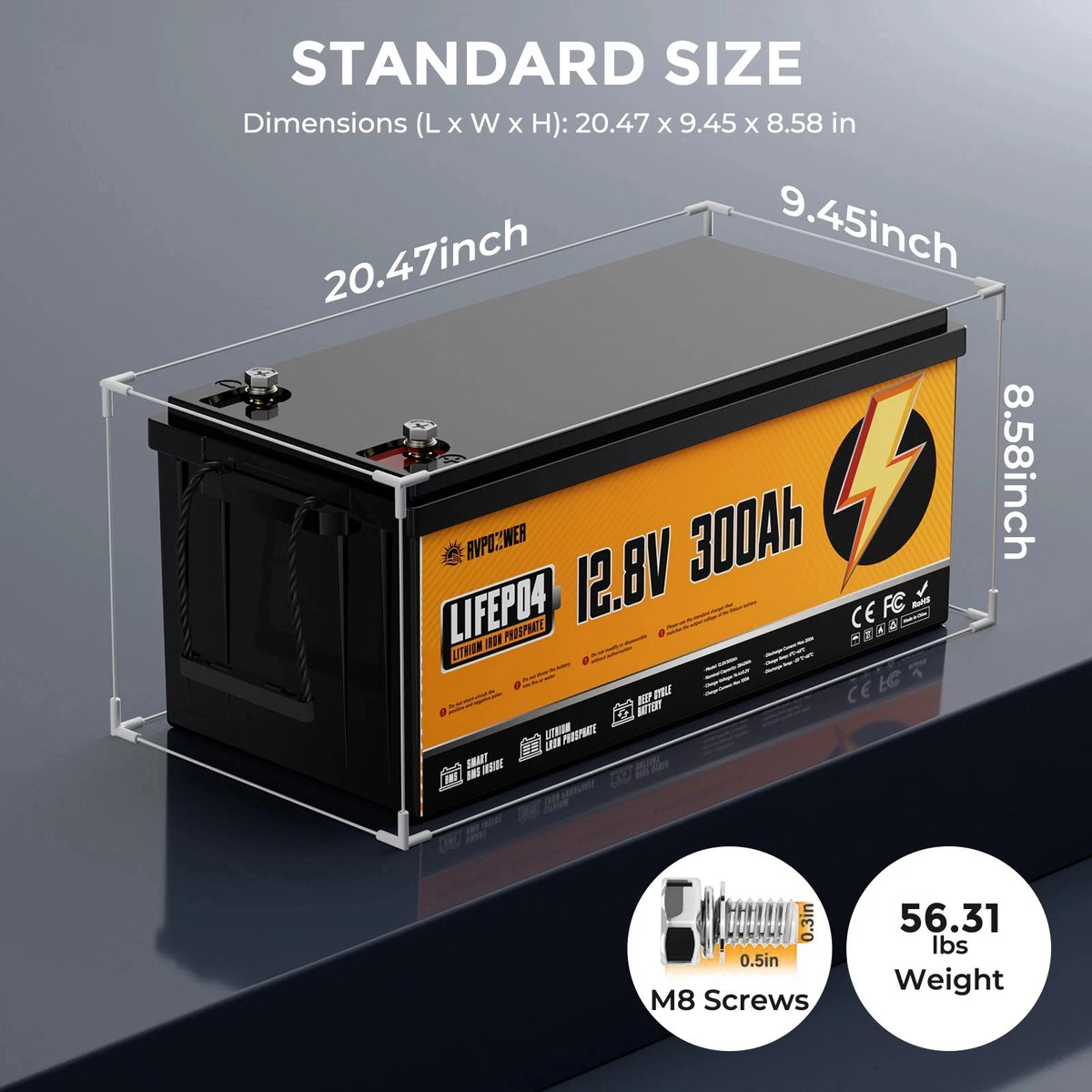 RVPOZWER 12.8V 300Ah LiFePO4 Lithium Battery 3840Wh Smart Built-in BMS Rechargeable Storage Battery 15000+ Deep Cycles Portable Iron Phosphate Battery for Off-Grid Solar System RV Camper Trailer Marine Boat Trolling Motor Hou