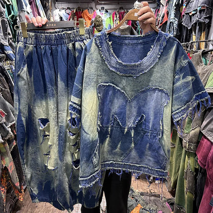 Fashion Spring Summer Women Two-piece Set Hole Tie-dye Loose Short Sleeve T-shirt Top + Elastic Waist Casual Wide Leg Pants