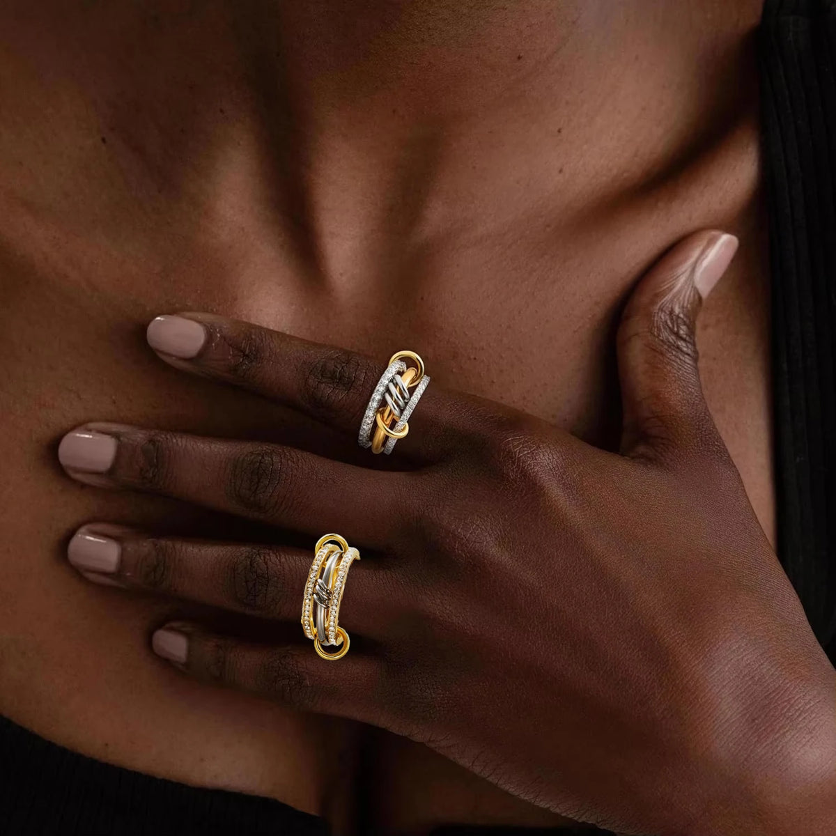 New Stainless Steel Cubic Zirconia Stackable Rings for Women 18k GoldPlating Multi-Link Connected Statement Ring Stack Jewelry