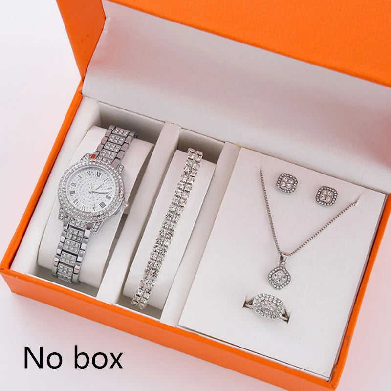 6Pcs/Set Women's Rhinestone Quartz Watch Set Fashion Wrist Watch & Jewelry Set Gift.▪