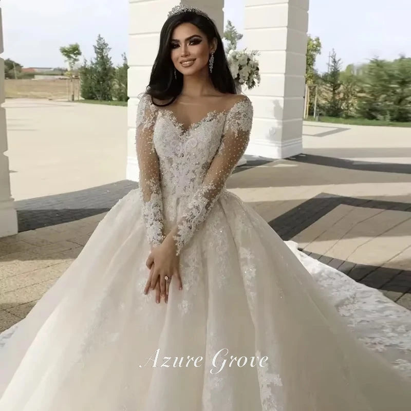 Azure Customized Women A-Line Wedding Dresses Sexy Lace Long Sleeves Tulle Bridal Gowns Engagement Banquet Robes De Mariee