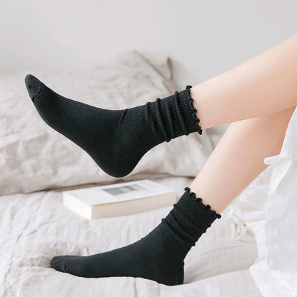 1/5 Pairs Women Ruffle Frilly Socks Black White Novelty Funny Ankle Socks Cute Solid Breathable Fashion Crew Socks
