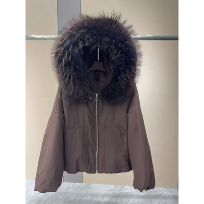 OFTBUY Natural Raccoon Fur Collar Goose Down Jacket Women Cropped Coat Winter Warm Hooded Zipper Windproof Fashion Outerwear