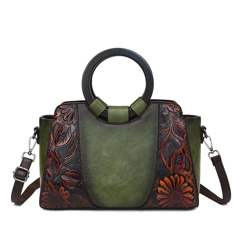 2026 New Vintage Chinese Leather Carved Leather Handbag Women Embossed Versatile Cheongsam One-shoulder Crossbody Mother Bag