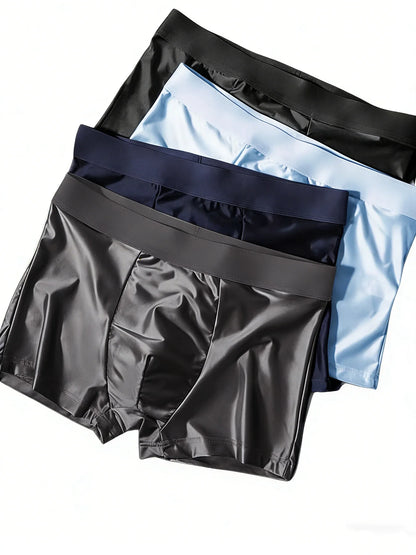 4 Pieces of Luxury Ice Silk Satin Flat Briefs, Men's Underwear, Smooth Cool Briefs, Breathable and Comfortable Fit Briefs