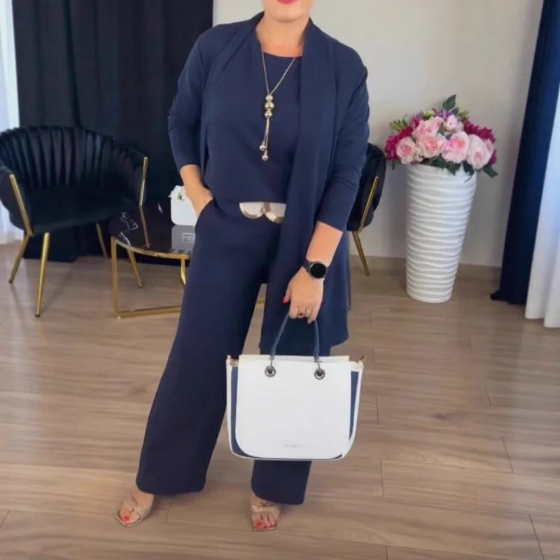 2026 Elegant Ladies Clothing 3 Pieces Set Autumn White Long Cardigan Coat Wide Leg Pants Sets T-shirt  Three-piece Outfit Women
