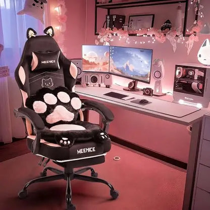 Pink Gaming Chair Cute with Cat Ears Paw Lumbar and Cushion,Ergonomic Computer Chair with Footrest,Reclining PC Game