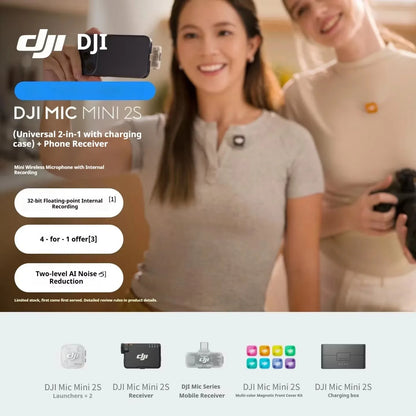 For DJI Mic Mini 2S Wireless Lavalier Mic 1TX/2TX 1RX Built-in Recording 32-bit Float AI Noise Reduction Mic for Camera Phone
