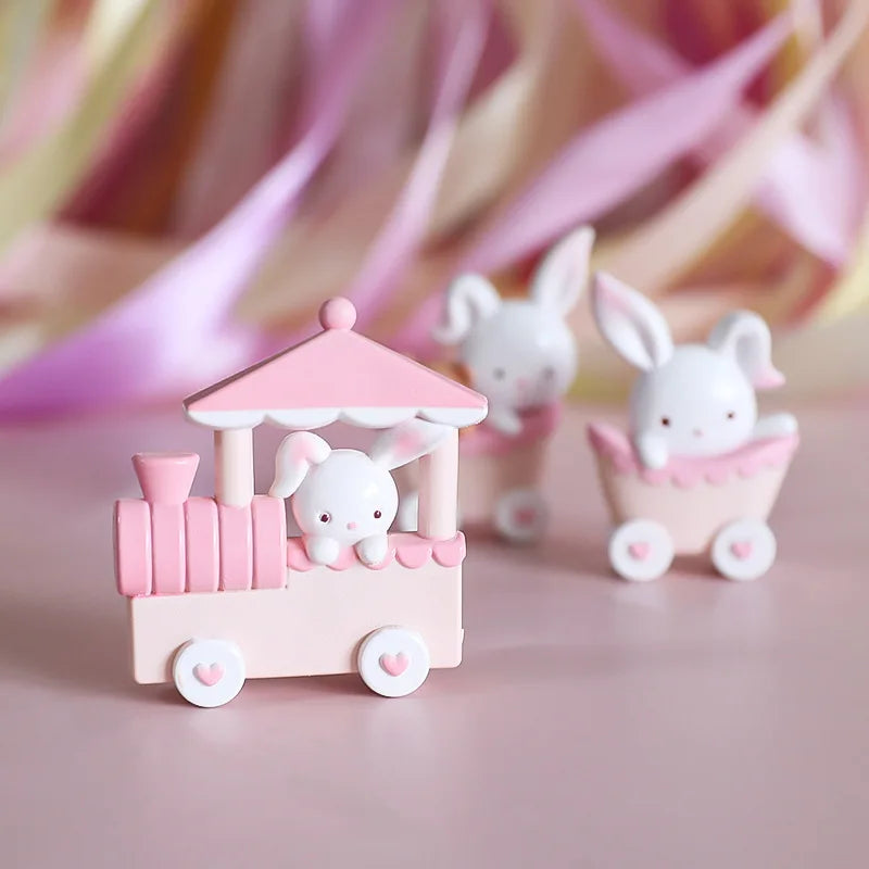 1set Pink Bunny Train Cake Topper Cartoon Rabbit Bear Doll Cake Decor Girls Birthday Party Decoration Baby Shower Supplies