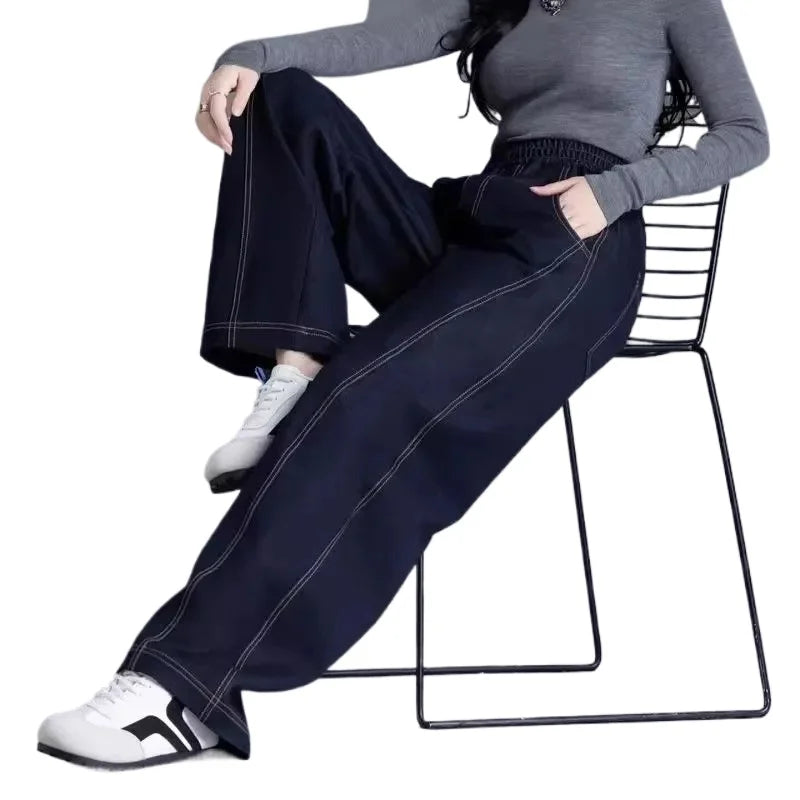 Elastic waist Wide leg Jeans Women's 2026 New Spring Autumn Loose High waist Sickle Shaped Knife Pants Female Casual Denim Pants