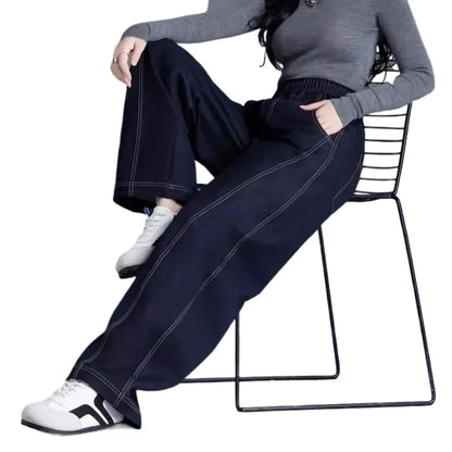 Elastic waist Wide leg Jeans Women's 2026 New Spring Autumn Loose High waist Sickle Shaped Knife Pants Female Casual Denim Pants