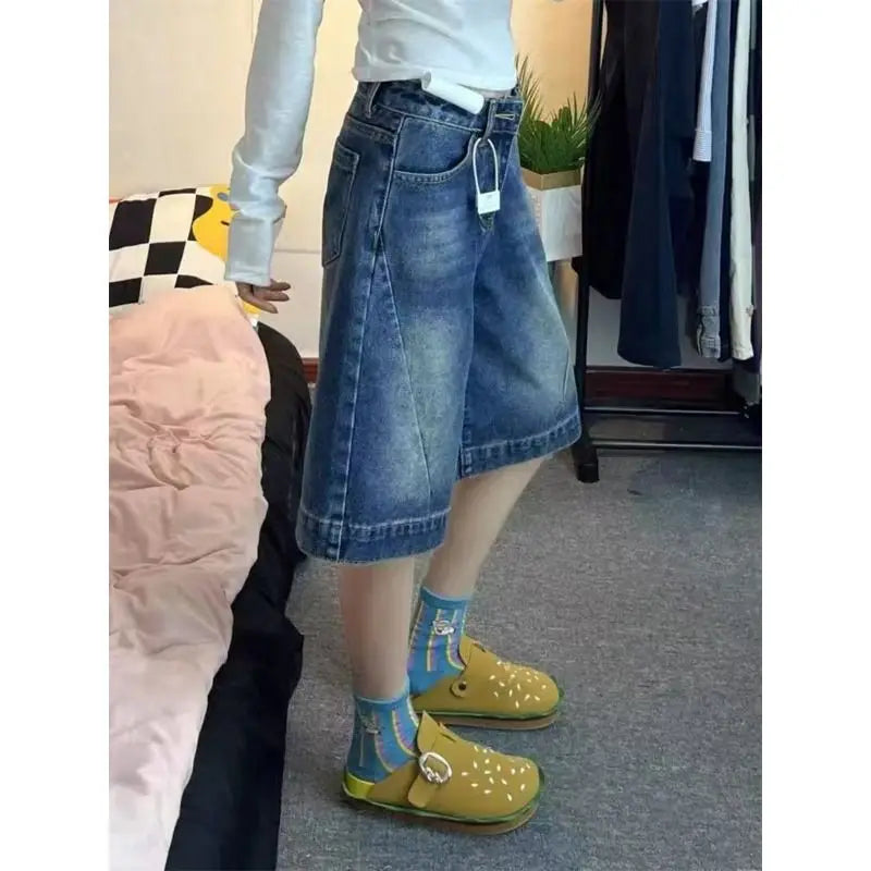 Blue Loose Wide Leg Denim Shorts Women's Summer New Design High Waist Loose Slim Straight Five-Quarter Pants