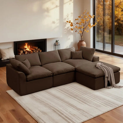 110" Modular Sectional Sofa with Ottoman, Deep Seat Fluffy Chenille L-Shape Couch for Living Room, Beige, Customized