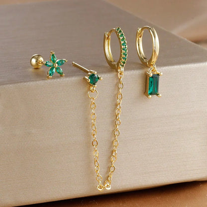 3PCS Set Stainless Steel Crystal CZ Butterfly Ear Stud Earring Gold Plated Pendant Water Drop Cartilage Earring Piercing Jewelry