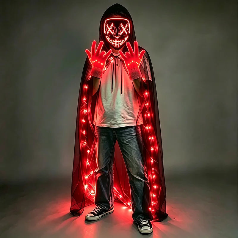 Wireless LED Neon Purge Mask & Fiber Optic Gloves, Scary Glow In Dark Mask for Halloween Carnival Cosplay Bar Birthday Party