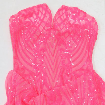 CM.YAYA Women Strapless V-neck Fashion Sequined Sexy Dress Mesh See Through 2024 Summer Night Club Evening Party Mini Dresses