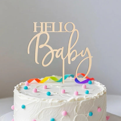 YOMDID Hello Baby Cake Topper Wooden Large Cake Decoration for Baby Shower Birthday Celebrations Party Cake Decorating Supplies