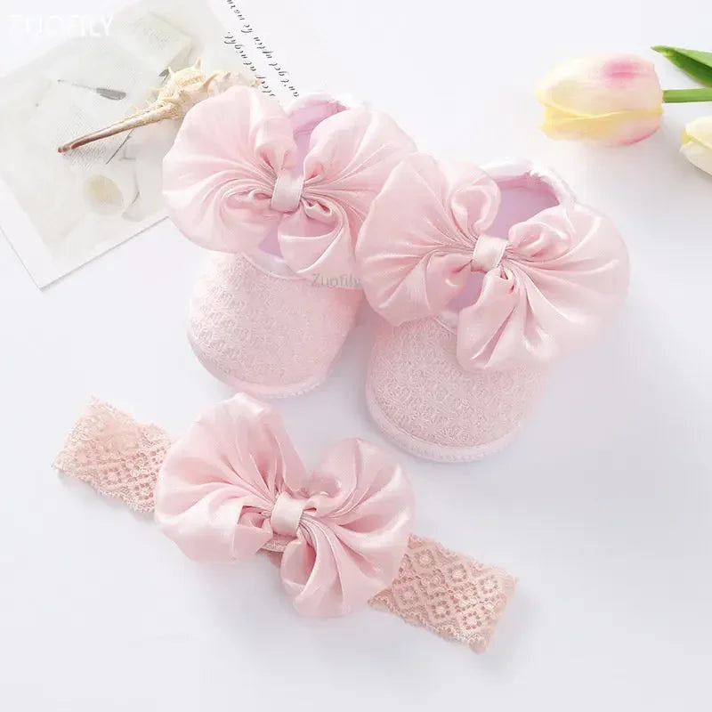 Spring Infant Baby Girl Shoes Newborn Lace Flowers Headband Anti-Slip Soft Sole First Walkers Toddler Kids Cotton Baptism Shoes