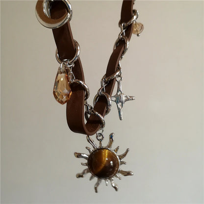 Vintage Leather Brown Stone Sun Pendant Beaded Choker Clavicle Chain Necklace For Women Unique Y2K Personalized Grunge Jewelry