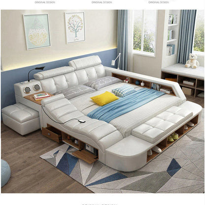 MINGDIBAO  All In One Bed, Luxury Multifunctional Genuine Leather Bed Frame with Tatami, Tech Smart Ultimate Lit 2 Personnes