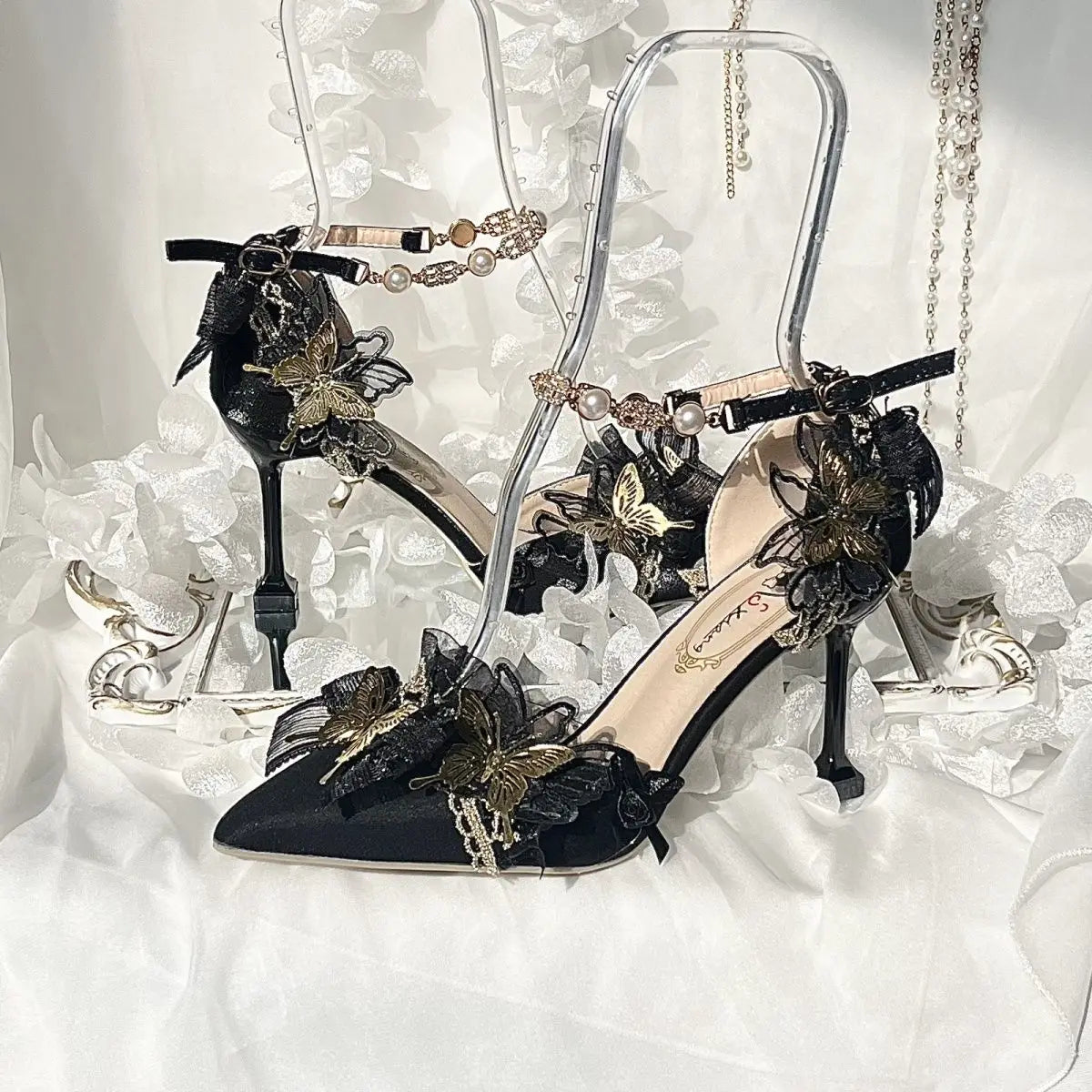 Ladies Gothic Lolita High Heels Handmade Black&Gold Pointed Toe Slip-On with Lace 5-8cm Stiletto Heel cute shoes  wedding shoes