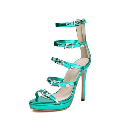 Girseaby Sexy Women Sandals Buckles Open Toe 12cm Stiletto High Heels Green Purple Gold Silver Big Size 46 48 50 52 US14 US17