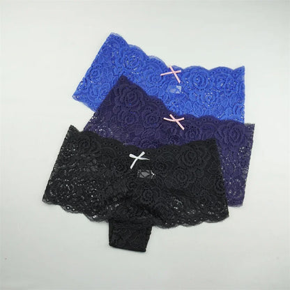 3PCS Transparent Boyshorts Women Underwear Lace Boxers Ladies Plus Size M-XXL Hollow Out Floral Panties Femme Intimates