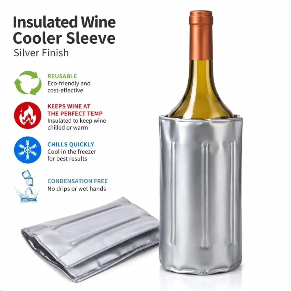 Rapid 33cm x 18cm Wine Cooler Bag Reusable Silver Finish Insulated Wine Sleeve Ice Less Refrigerant Gel Gel Cooler Wrap Barbecue