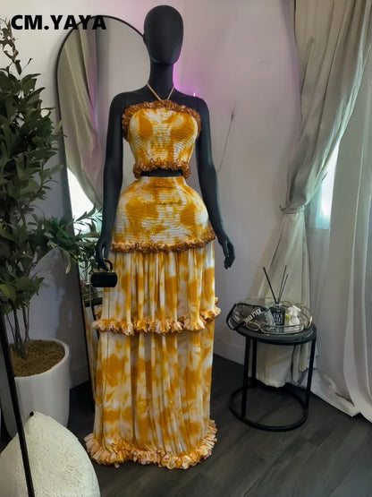 CM.YAYA Women Set Tie Dye Print Sleeveless Halter Crop Tops +Ruffles Long Skirt 2026 Summer Beach Vacation Two Piece Set Outfits