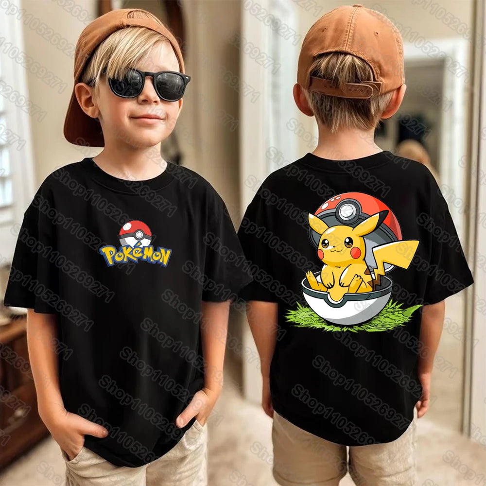 Pokemons Pikachu Cartoon Kids Printed T-Shirts Boys Girls Casual Short Sleeves Tops Children's Harajuku Fashion Tee Clothing