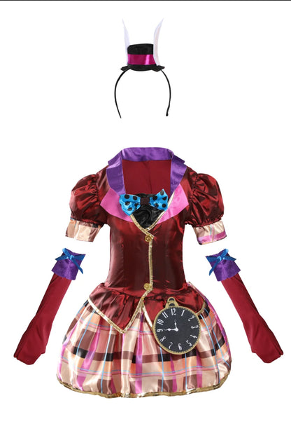Girls fancy dress costume set includes plaid dress, bow tie, long arm sleeves and bunny ear top hat headband for Halloween and theme party dress up