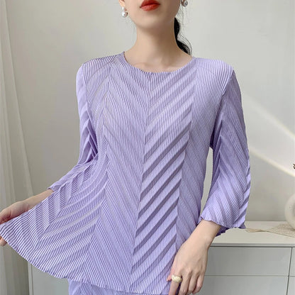 2026 Spring New Women Handmade Pleated Pants Set Comfortable Casual Seven Sleeve T-Shirt Top Loose Wide Leg Pants 2 Piece Set