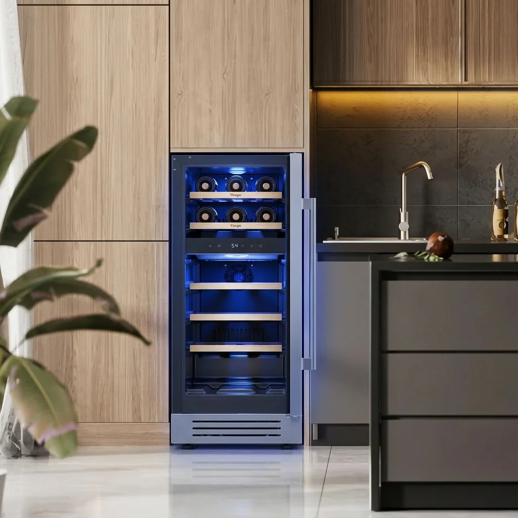 Wine Fridge Cooler 12 Inch Wine Fridge Hold 17 Bottles, Wine Refrigerator Glass Door Built-in Wine Storage Cabinet For Home Kitchen Bar