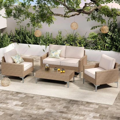 4-Piece Patio Furniture Set, Outdoor Wicker Sectional Sofa with Coffee Table, Anti-Slip & Thick All-Weather, Customized