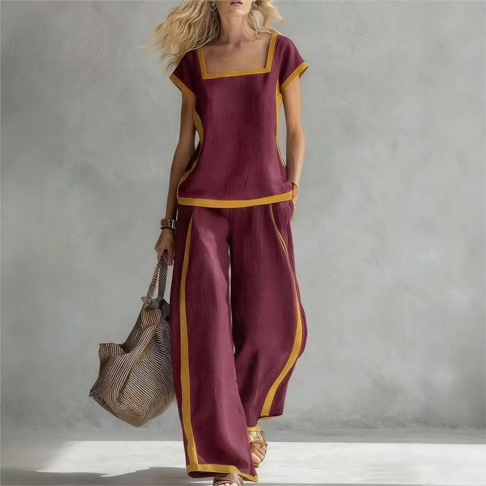 Fashion Square-neck Short-sleeved Wide-leg Trousers Women 2piece Summer New Casual Retro Pocket Trousers Female Office Suit 2026
