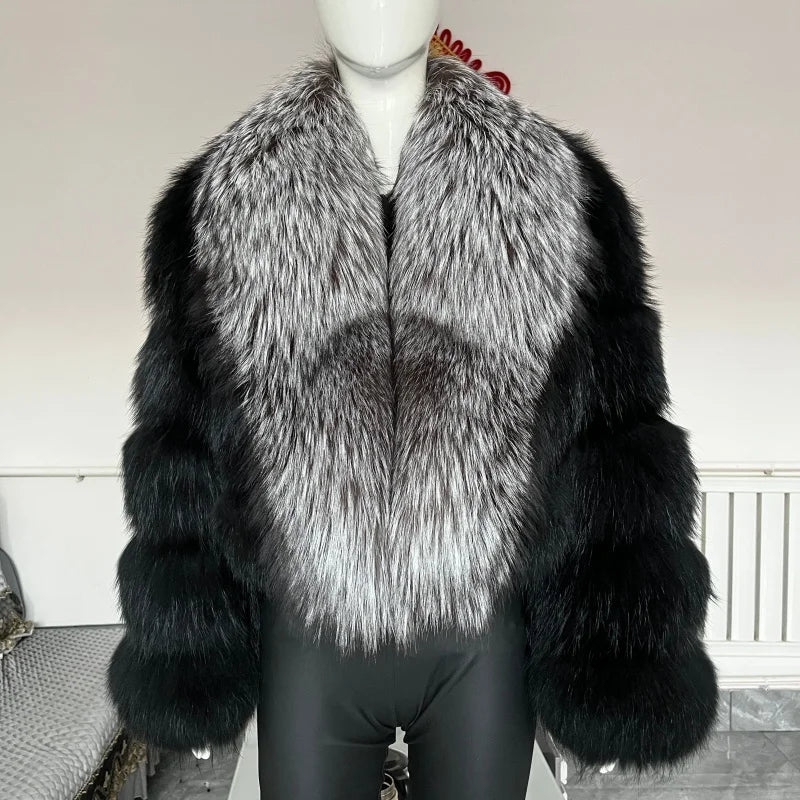 BEIZIRU Women's Real Raccoon Fur Coat with Big Turn-down Collar Winter Long Sleeve Natural Luxury Fashion Outerwear