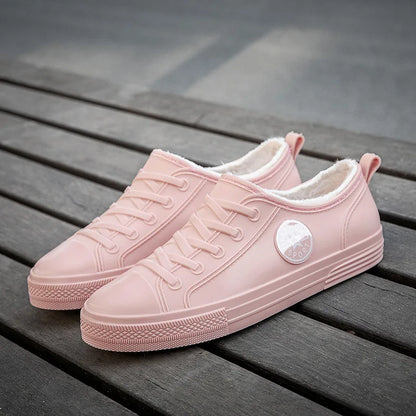 Pink Faux Fur Lined Rain Shoes Women's Warm Low Top Galoshes Woman Winter Waterproof Rubber Shoes Ladies Restaurant Work Flats