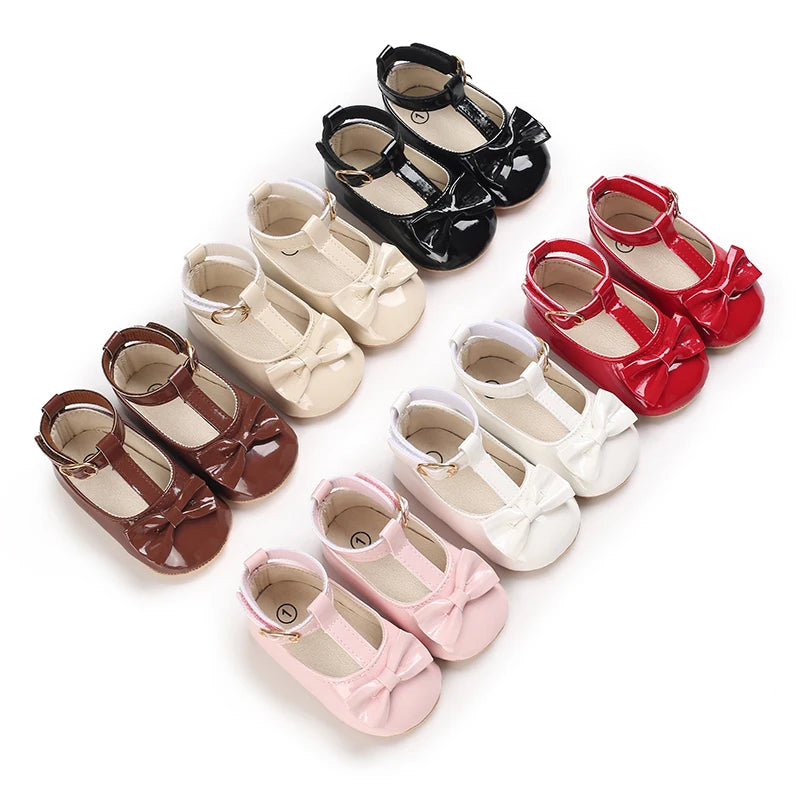 Solid Color PU Leather Bowknot Princess Shoes, Baby Learning Walk Shoes Prewalkers for Newborn  Girls 0-18M